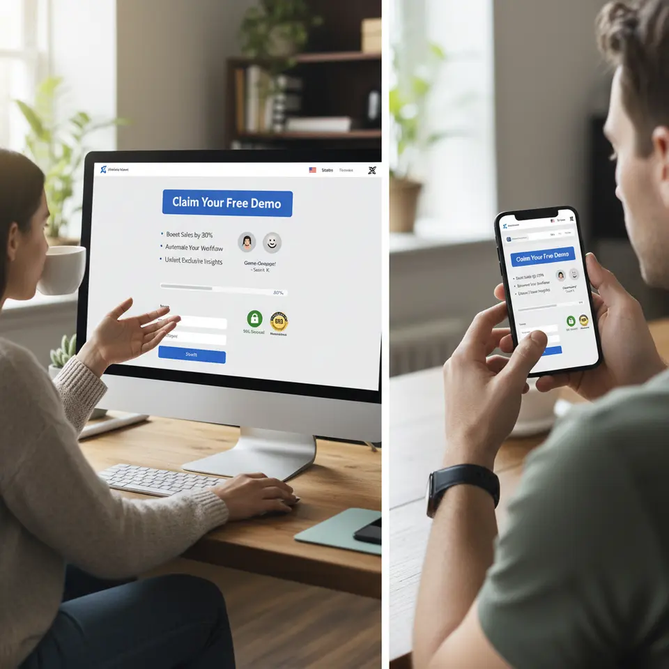 A split-screen mockup of a high-converting, responsive landing page on desktop and mobile: feature a prominent above-the-fold CTA button (‘Claim Your Free Demo’), bullet-point value propositions, social proof (testimonials with avatar icons), trust badges (SSL lock, BBB seal), and a simplified form. Highlight fast-load indicators, clear visual hierarchy with whitespace, and dynamic personalization elements (user’s region, affiliate brand logo).