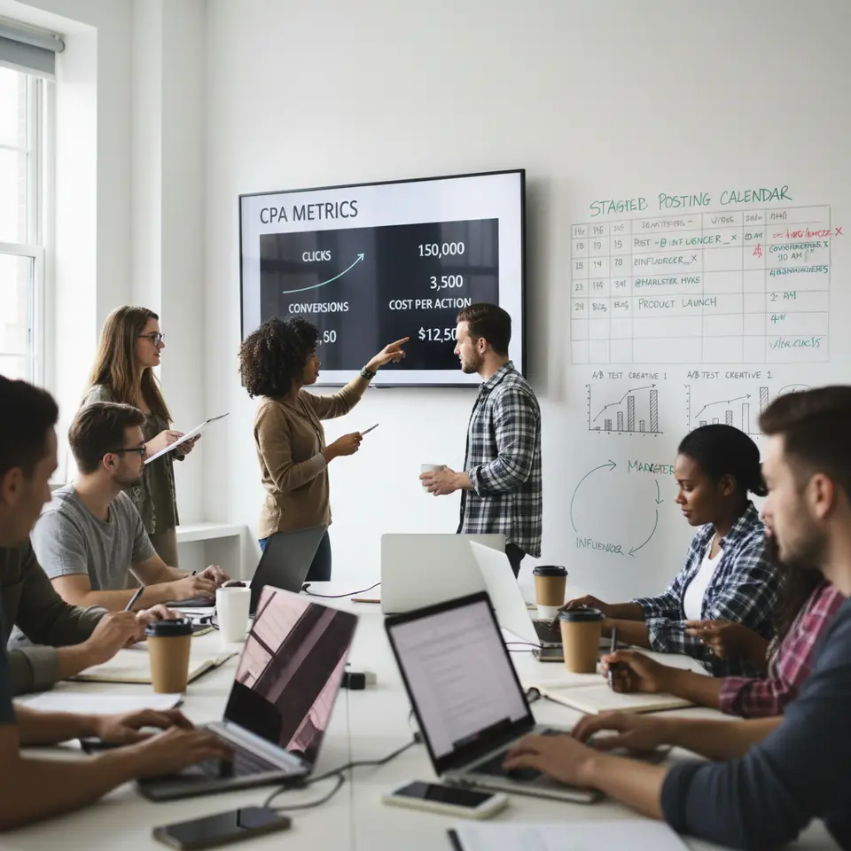 A dynamic campaign control room scene: a large screen with real-time CPA metrics (clicks, conversions, cost per action), a staggered posting calendar on a whiteboard, side-by-side A/B test charts of different creatives, and a looped arrow illustrating feedback communication between marketer and influencer.