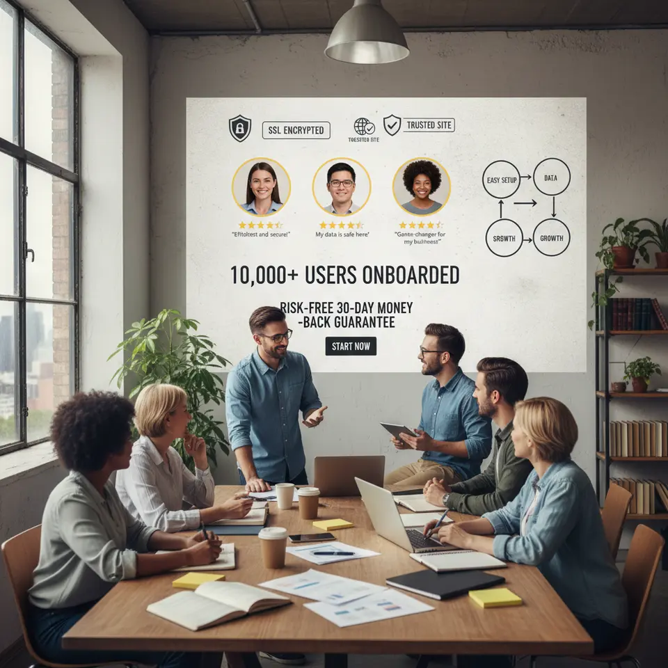 A landing page section rich with trust signals and social proof: security badges and encryption icons at the top, an arrangement of customer testimonials with headshots and star ratings, a data-driven counter (e.g., ‘10,000+ users onboarded’), and a simple infographic or diagram illustrating key benefits—all positioned around a guarantee statement near the CTA.