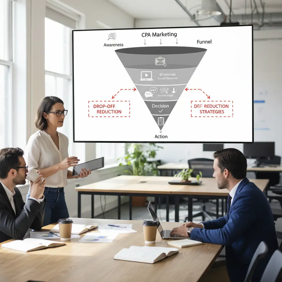 A sleek four-stage CPA marketing funnel diagram showing progressive layers labeled 'Awareness,' 'Interest,' 'Decision,' and 'Action.' Use modern flat-style icons at each level—targeted ads for Awareness, webinars/email nurtures for Interest, social-proof/testimonials for Decision, and form submissions for Action—with arrows illustrating the narrowing flow and callouts for drop-off reduction.